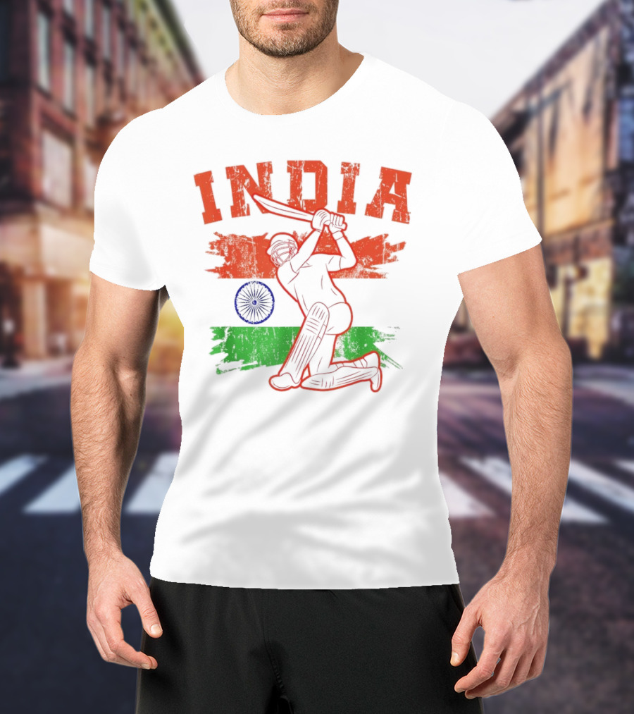 India Cricket Enthusiasts Batting Action With Ashoka Chakra T-Shirt
