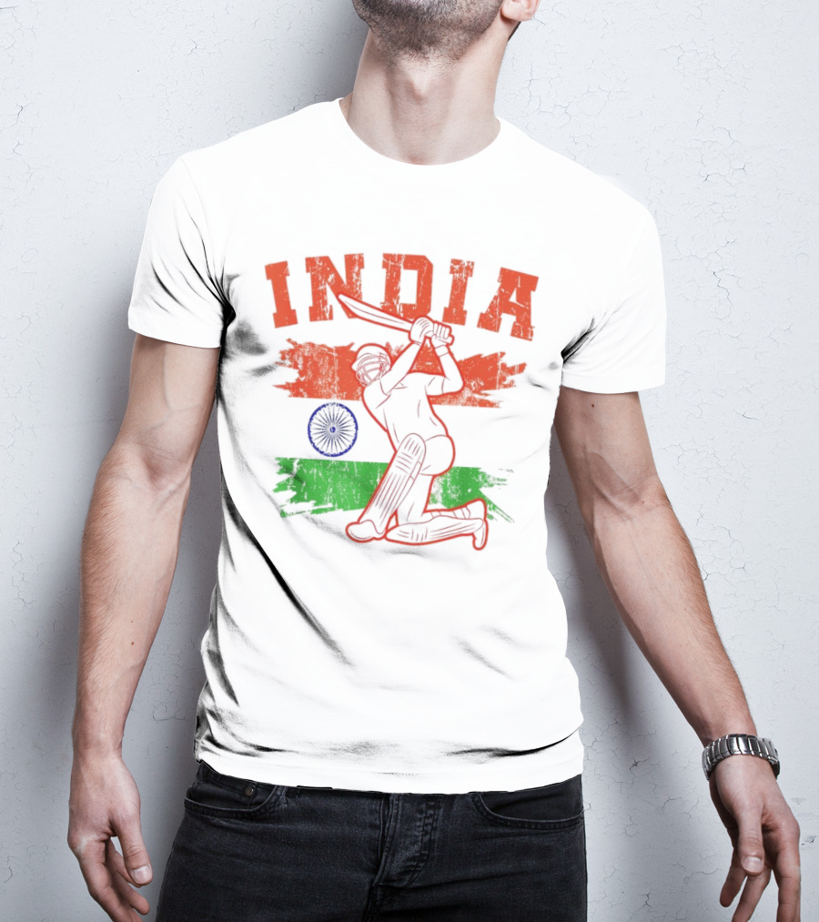 India Cricket Enthusiasts Batting Action With Ashoka Chakra T-Shirt