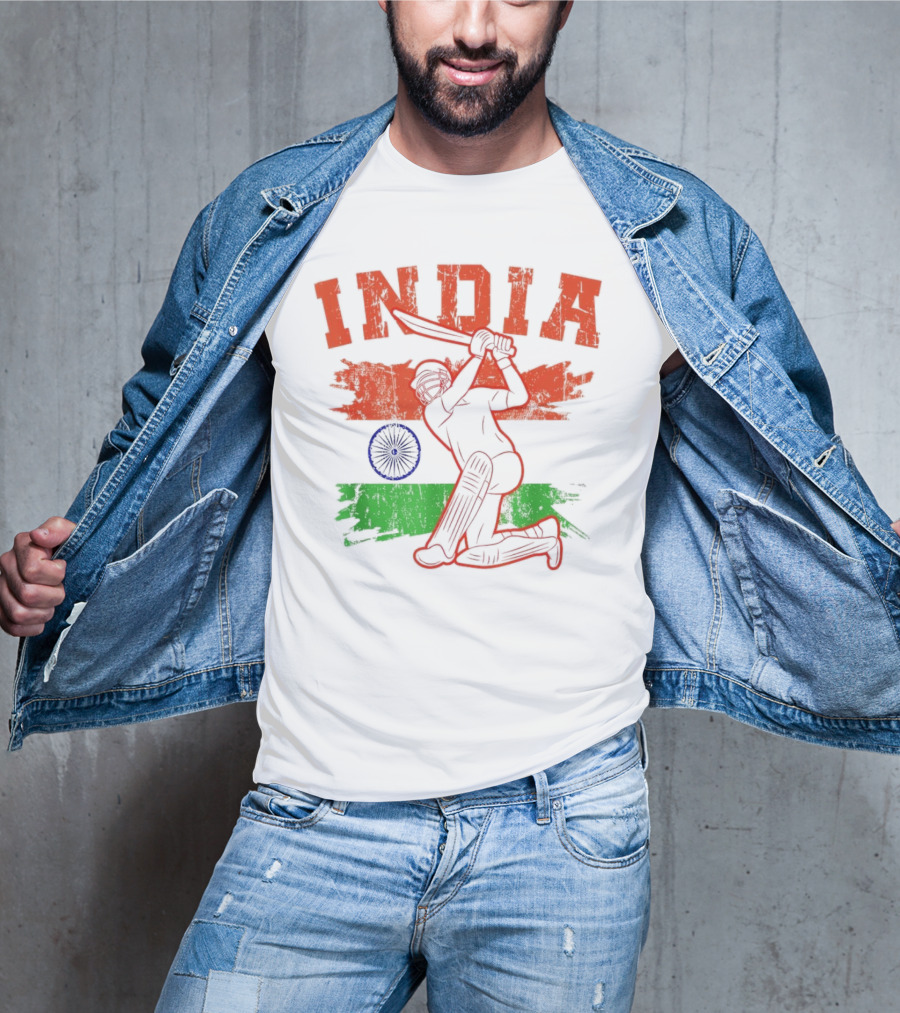 India Cricket Enthusiasts Batting Action With Ashoka Chakra T-Shirt