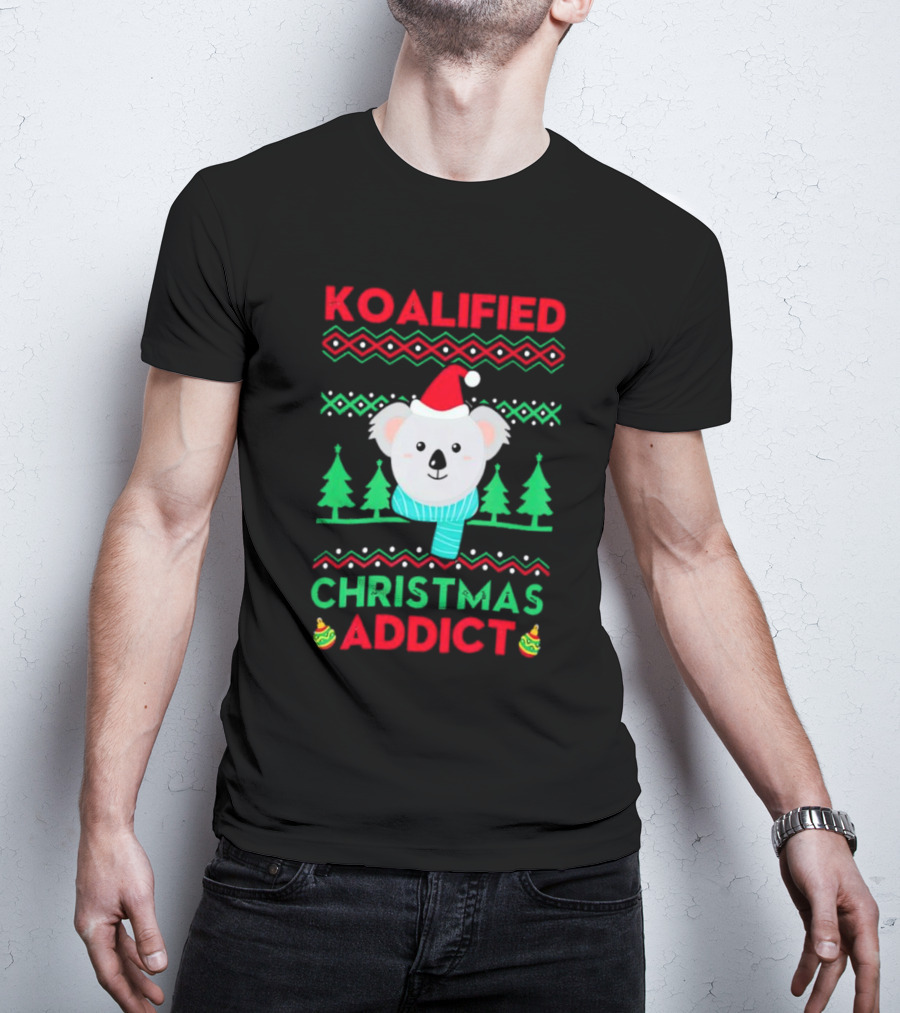 Koalified Koala Christmas Addict Ugly Sweater Style Design With Santa Hat And Christmas Trees T-Shirt