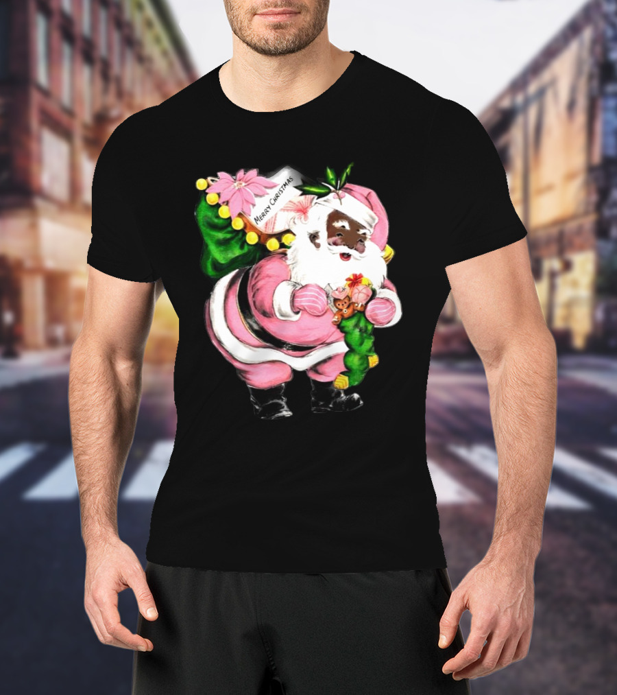 Merry Christmas Pink African-American Black Santa Claus With Gifts T-Shirt
