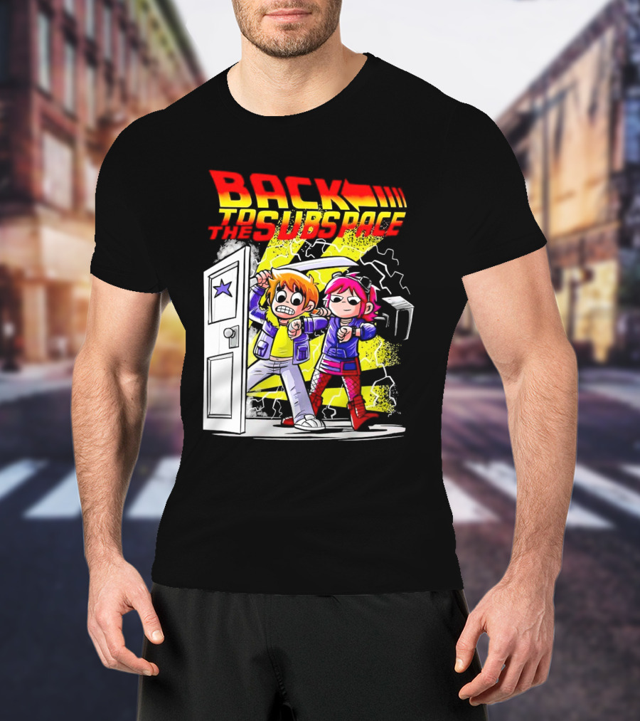 Back To The Subspace Scott Pilgrim And Ramona With Retro Door And Lightning T-Shirt