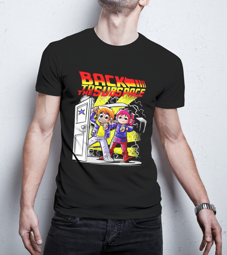 Back To The Subspace Scott Pilgrim And Ramona With Retro Door And Lightning T-Shirt