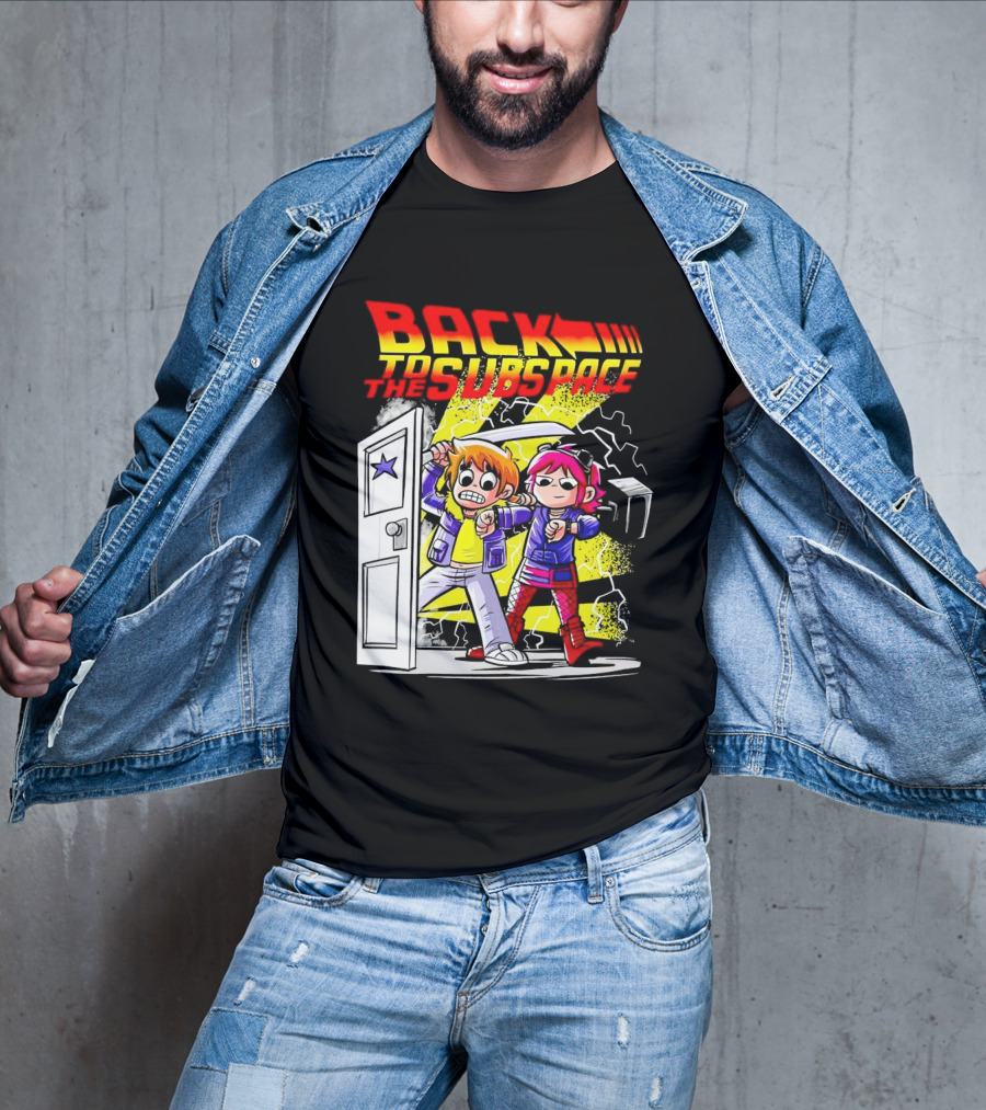 Back To The Subspace Scott Pilgrim And Ramona With Retro Door And Lightning T-Shirt