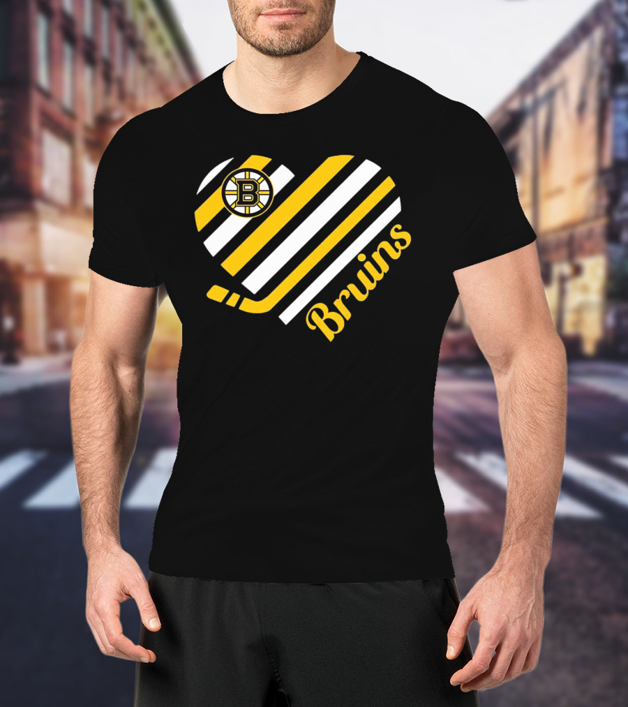 Boston Bruins Stripes Heart With Hockey Stick T-Shirt