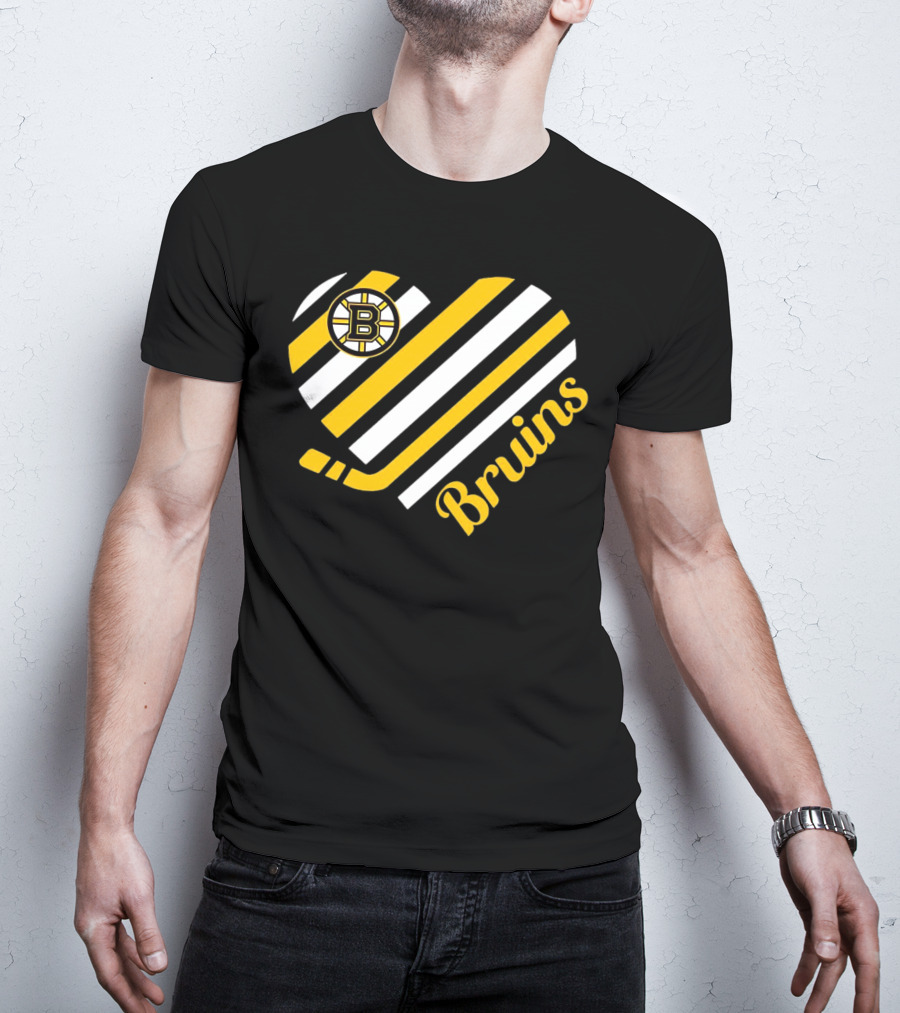 Boston Bruins Stripes Heart With Hockey Stick T-Shirt