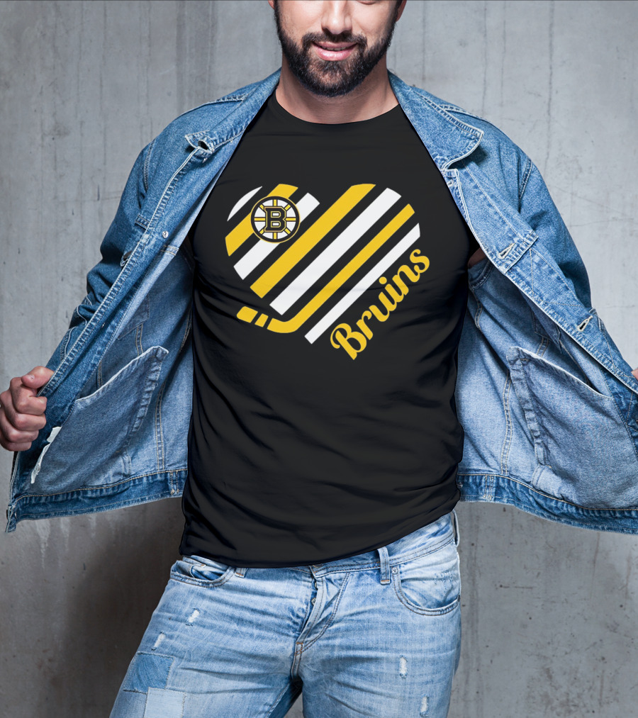 Boston Bruins Stripes Heart With Hockey Stick T-Shirt