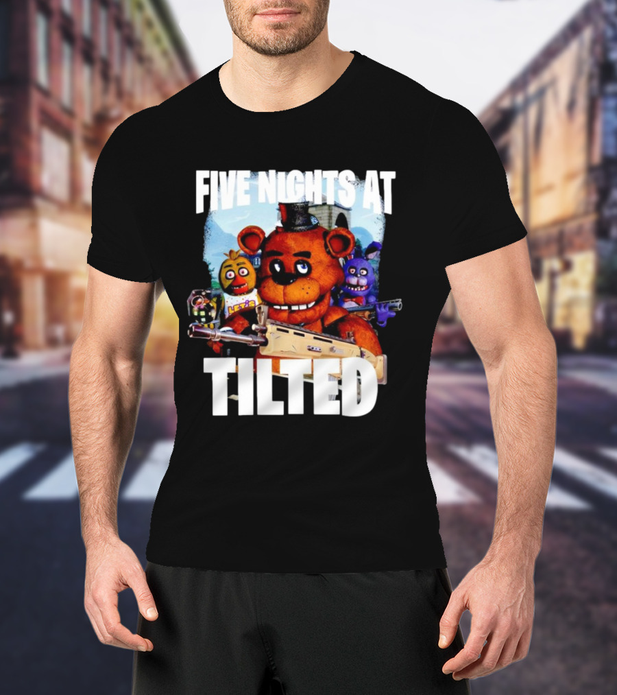 Five Nights At Tilted Freddy Bear Characters With Guns T-Shirt