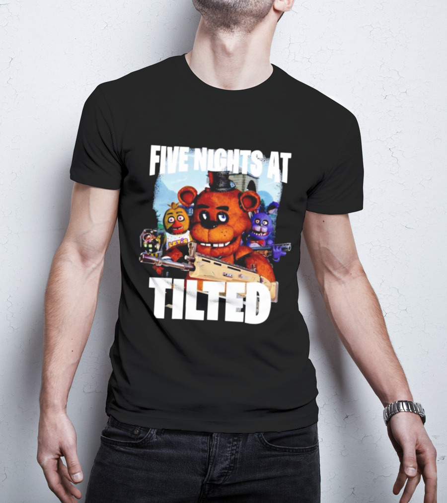 Five Nights At Tilted Freddy Bear Characters With Guns T-Shirt