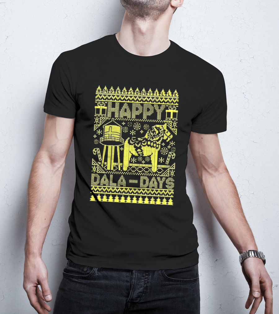 Andersonville Happy Dala Days Christmas Sweater Pattern With Water Tower And Dala Horse T-Shirt