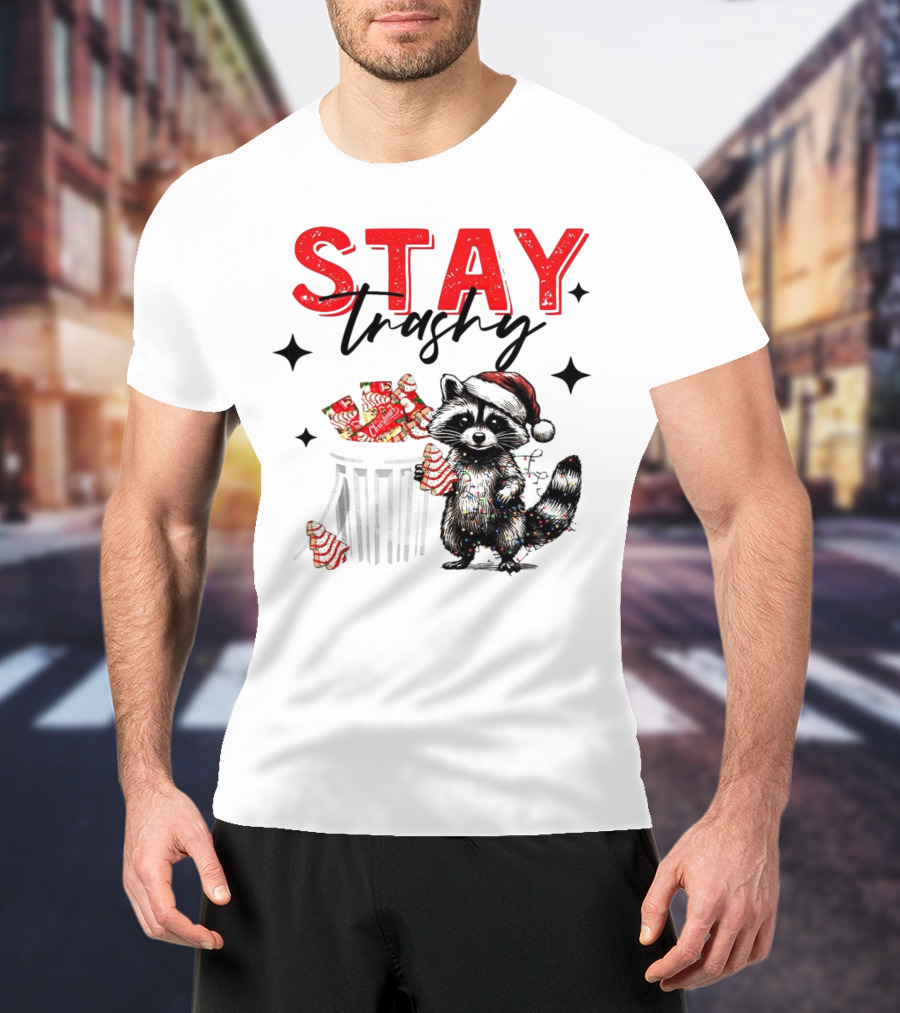 Stay Trashy Christmas Raccoon Santa Hat Trash Can Holiday Cheer T-Shirt