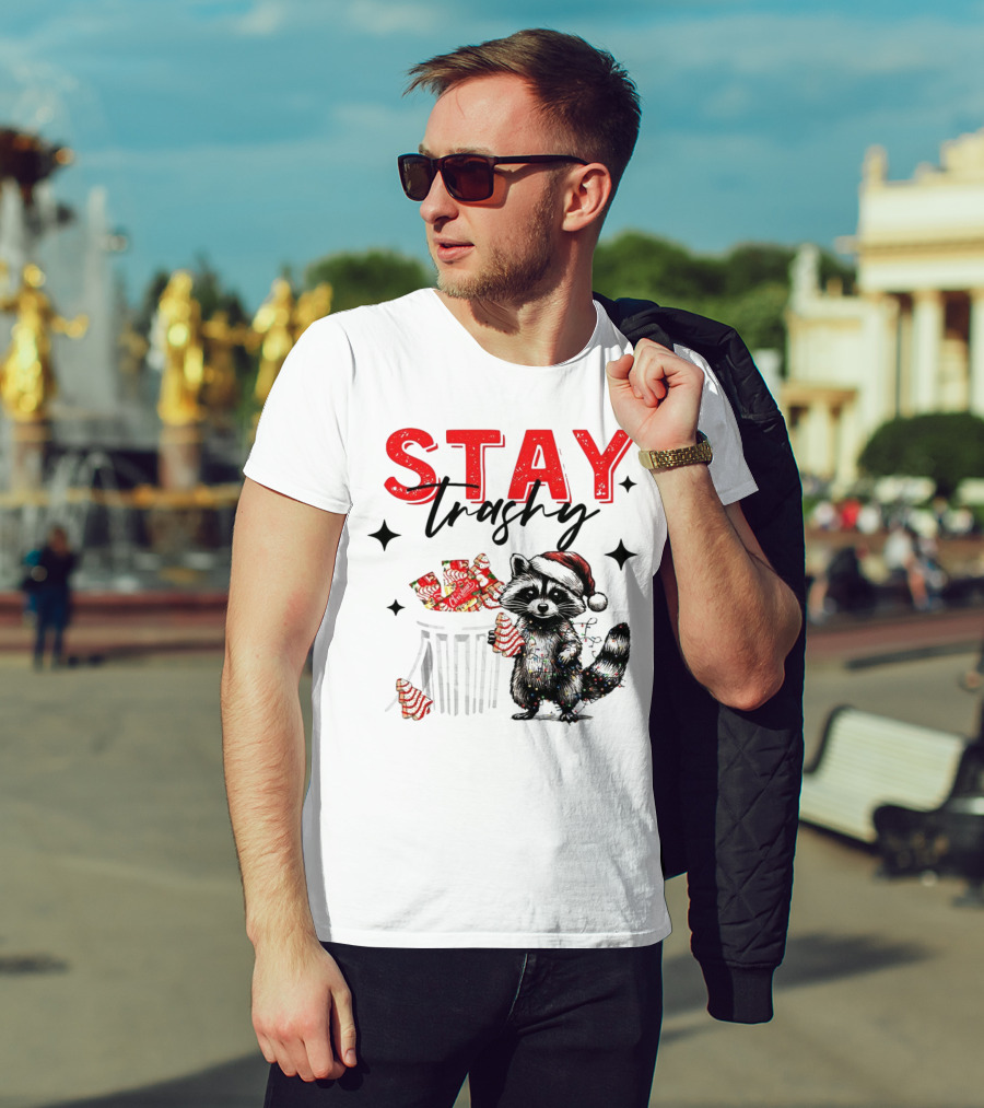 Stay Trashy Christmas Raccoon Santa Hat Trash Can Holiday Cheer T-Shirt