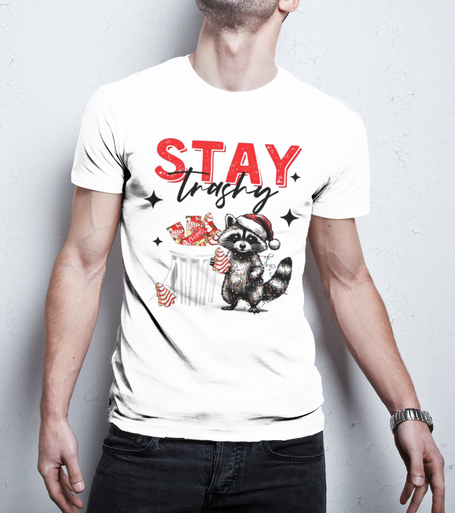 Stay Trashy Christmas Raccoon Santa Hat Trash Can Holiday Cheer T-Shirt