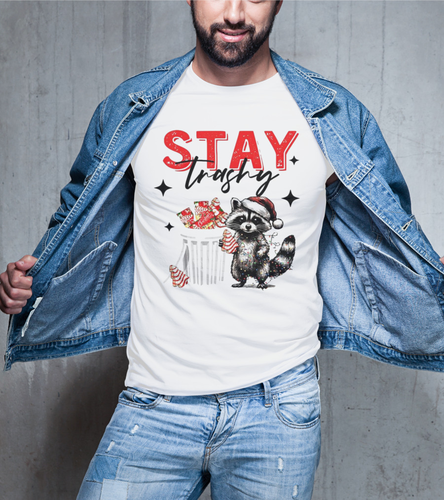 Stay Trashy Christmas Raccoon Santa Hat Trash Can Holiday Cheer T-Shirt