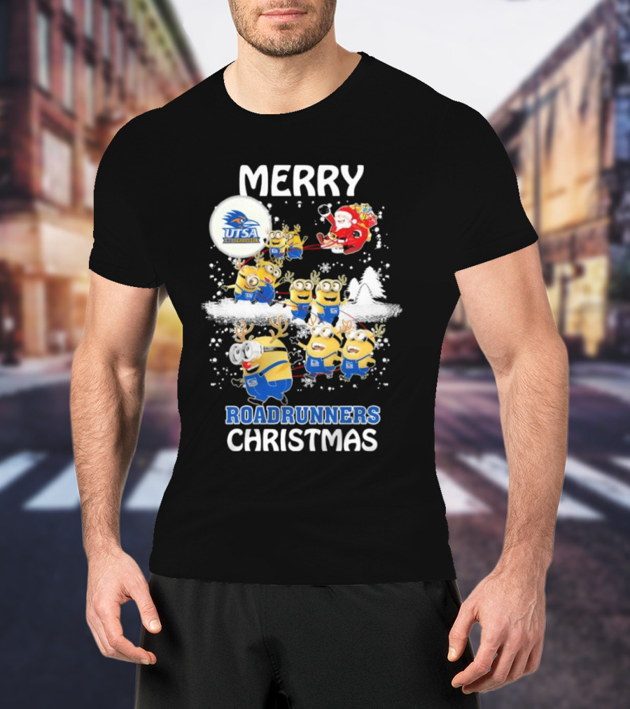 Merry UTSA Roadrunners Minions Christmas With Santa And Reindeer T-Shirt