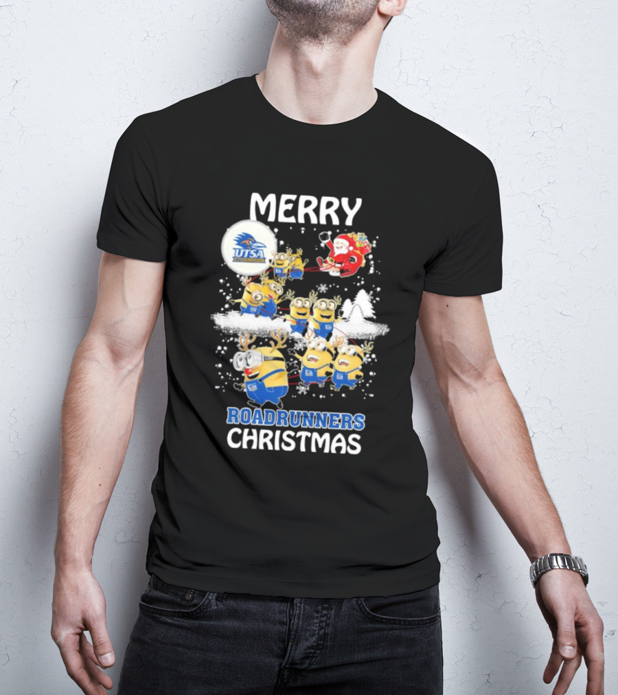Merry UTSA Roadrunners Minions Christmas With Santa And Reindeer T-Shirt