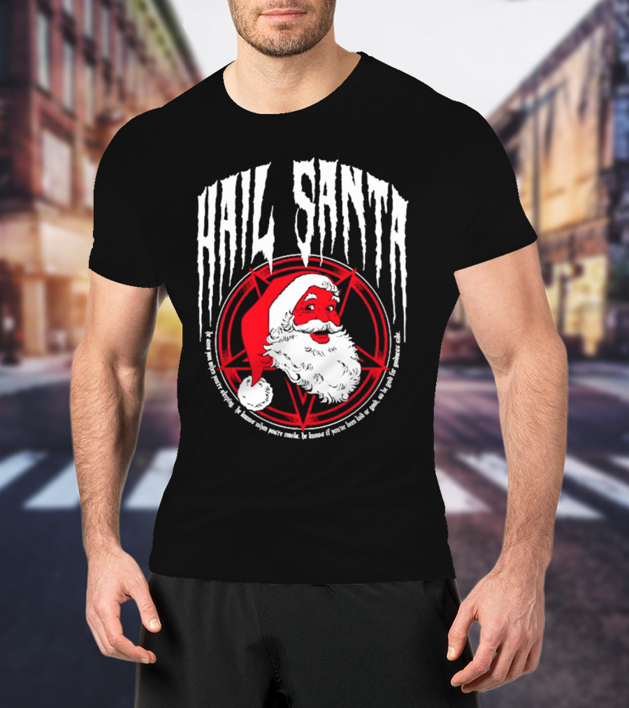Hail Santa Evil Christmas Pentagram Santa Hat T-Shirt