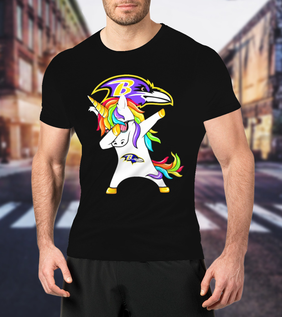 Unicorn Dabbing With Baltimore Ravens Logo And Rainbow Mane T-Shirt