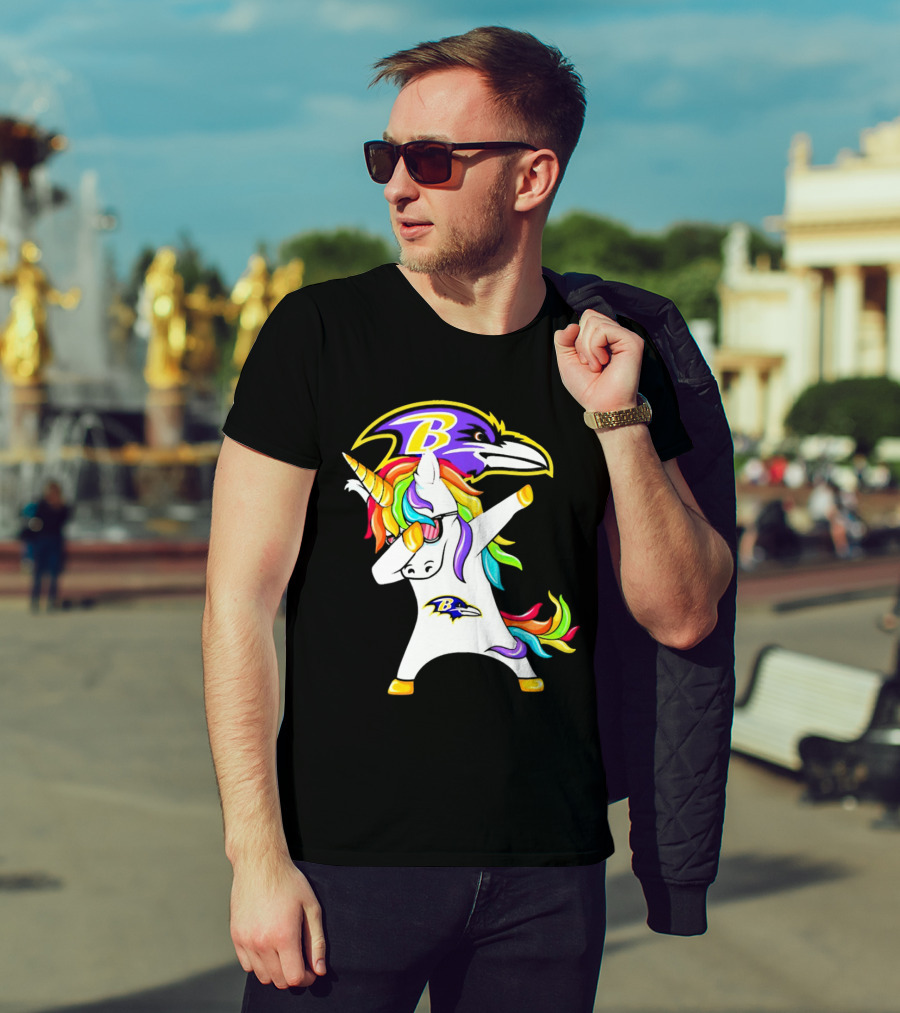 Unicorn Dabbing With Baltimore Ravens Logo And Rainbow Mane T-Shirt