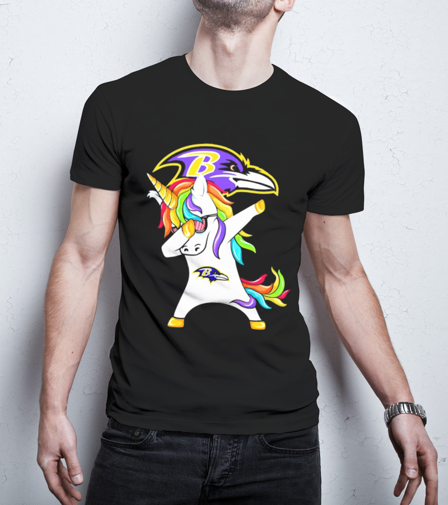 Unicorn Dabbing With Baltimore Ravens Logo And Rainbow Mane T-Shirt