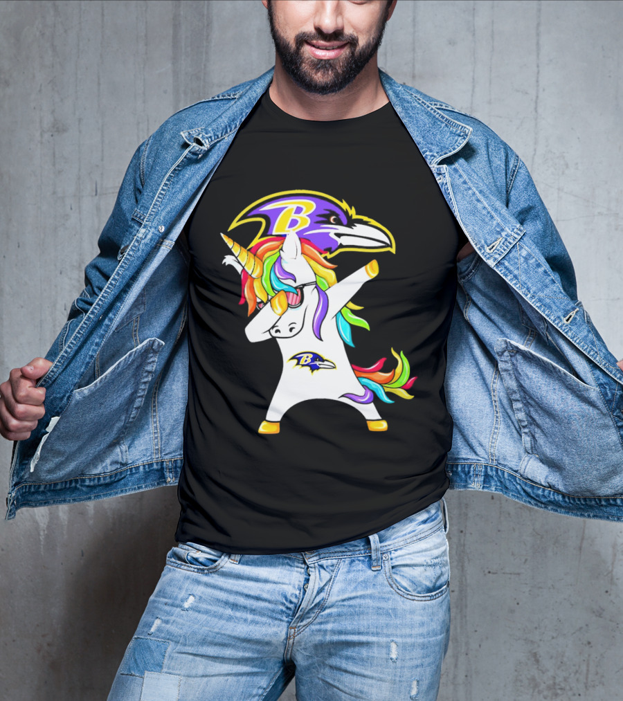 Unicorn Dabbing With Baltimore Ravens Logo And Rainbow Mane T-Shirt