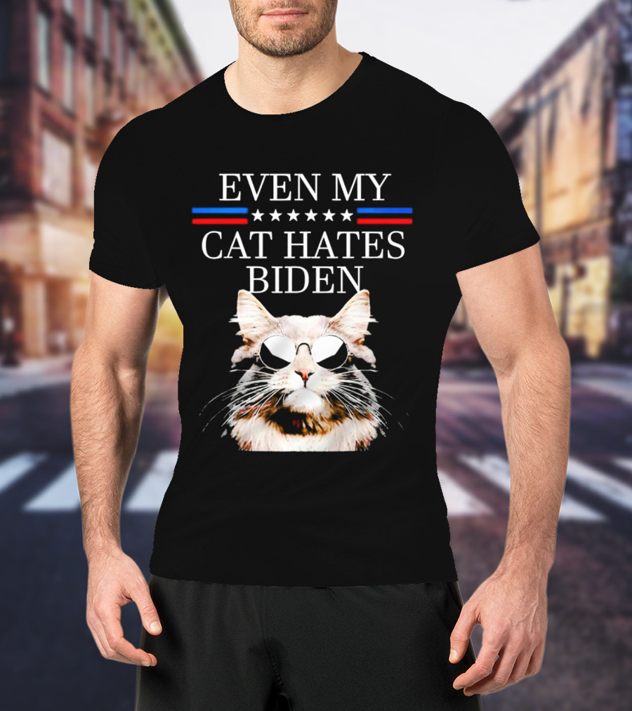 Even My Cat Hates Biden Stars And Stripes Sunglasses Cat T-Shirt