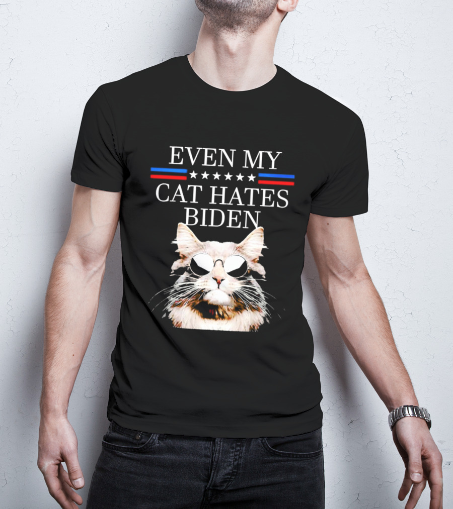 Even My Cat Hates Biden Stars And Stripes Sunglasses Cat T-Shirt