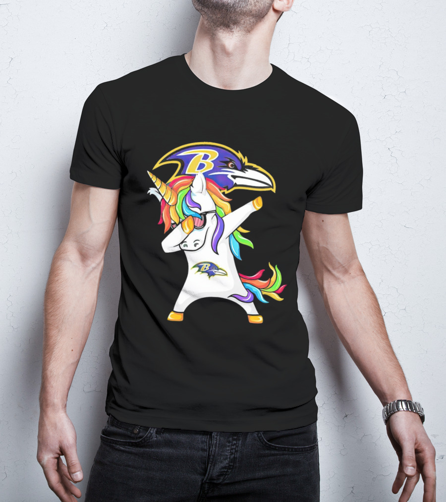 Unicorn Dabbing Baltimore Ravens Emblem Rainbow Colors T-Shirt