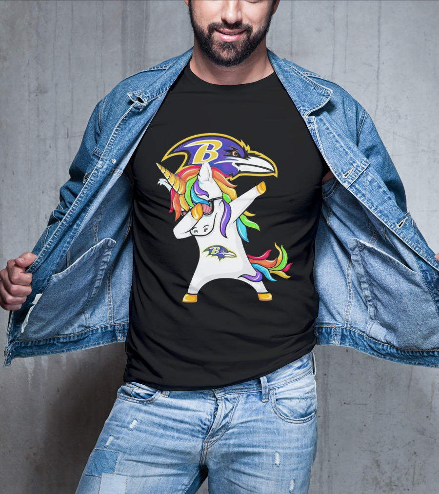 Unicorn Dabbing Baltimore Ravens Emblem Rainbow Colors T-Shirt