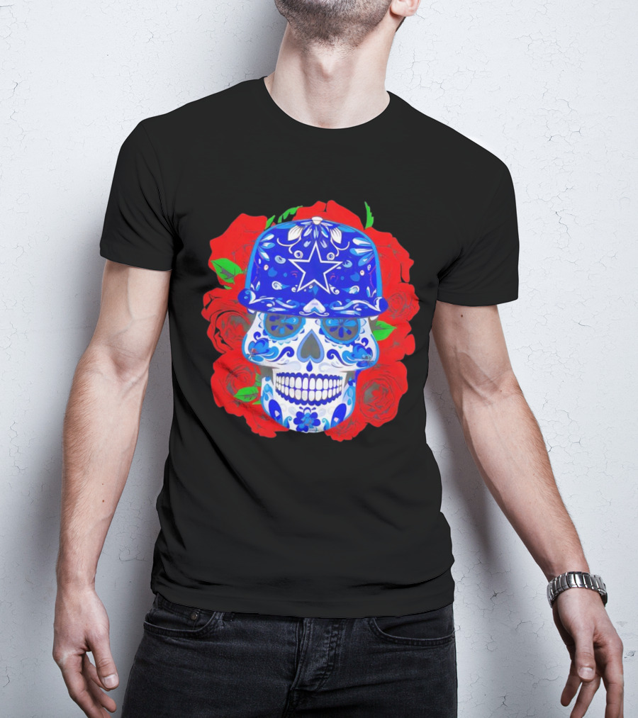 Dallas Cowboys Sugar Skull With Blue Star Hat And Roses T-Shirt
