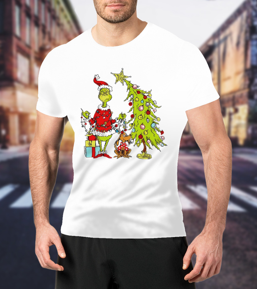 Grinch In Santa Hat And Dog With Christmas Tree And Presents T-Shirt