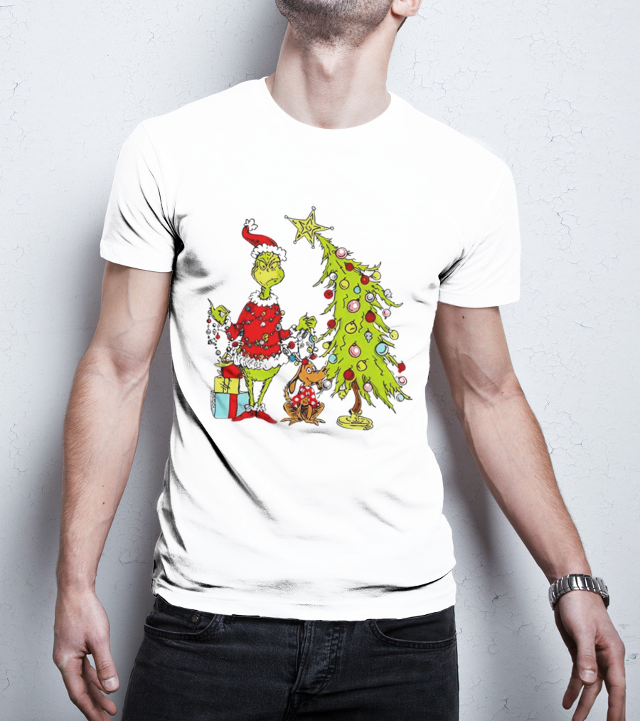 Grinch In Santa Hat And Dog With Christmas Tree And Presents T-Shirt