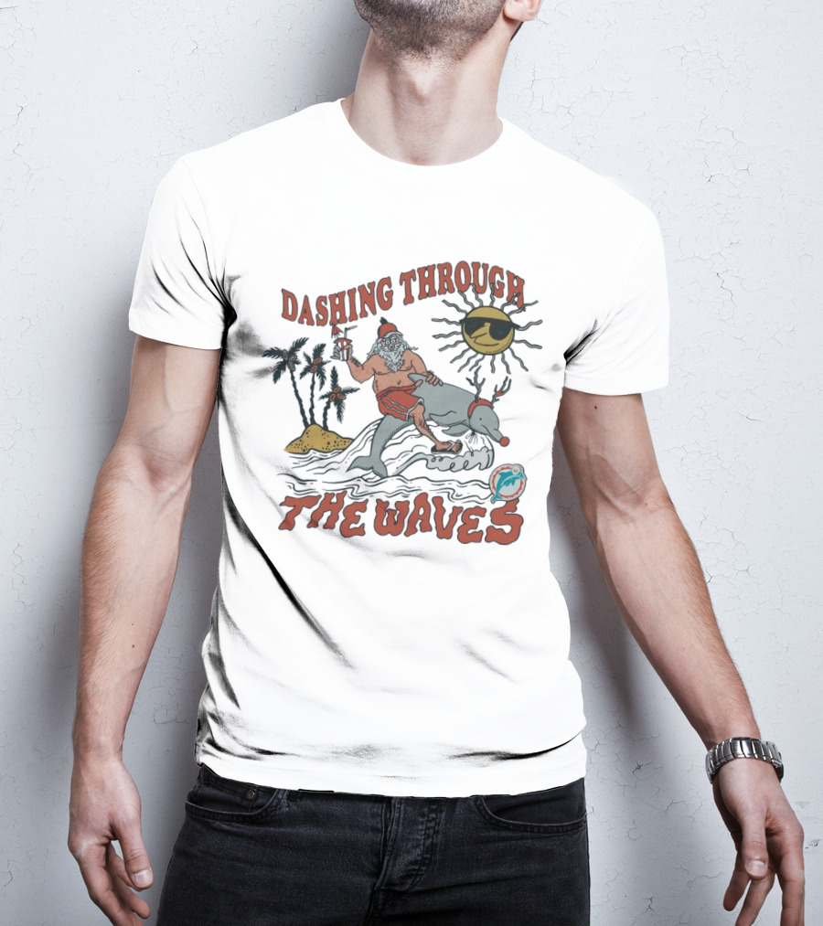 Dashing Through The Waves Miami Dolphins Christmas Santa Riding Dolphin T-Shirt