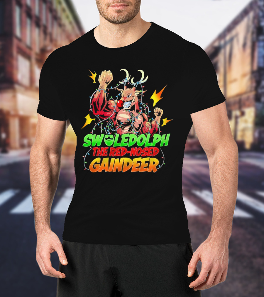 Swoledolph The Red-Nosed Gaindeer Christmas Lights Flexing T-Shirt