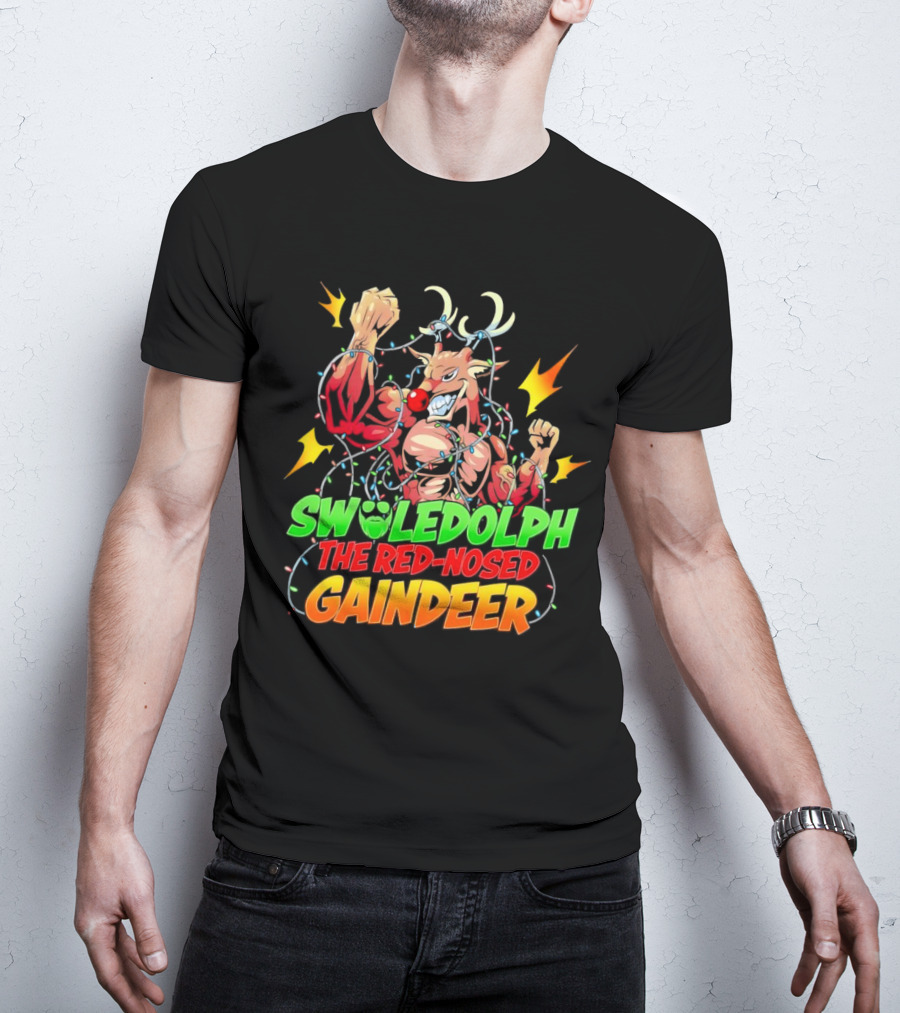 Swoledolph The Red-Nosed Gaindeer Christmas Lights Flexing T-Shirt