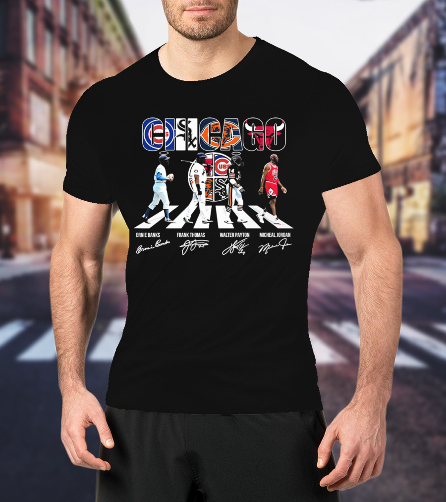 Chicago Cubs Bears Bulls Abbey Road Ernie Banks Frank Thomas Walter Payton Michael Jordan Signatures T-Shirt