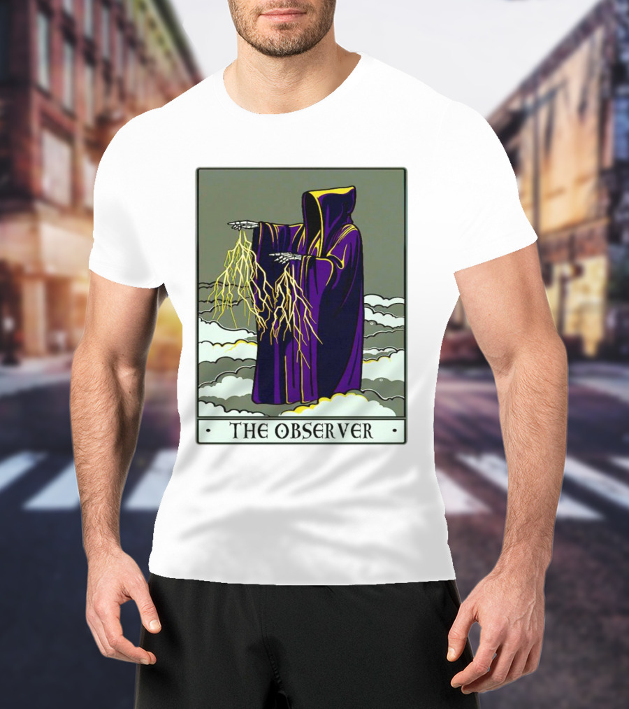 The Observer Hooded Figure With Lightning Tarot Card T-Shirt