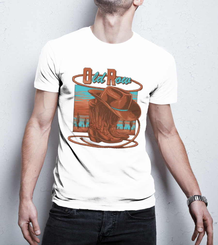 Old Row Western Cowboy Boots And Hat Desert Scene T-Shirt