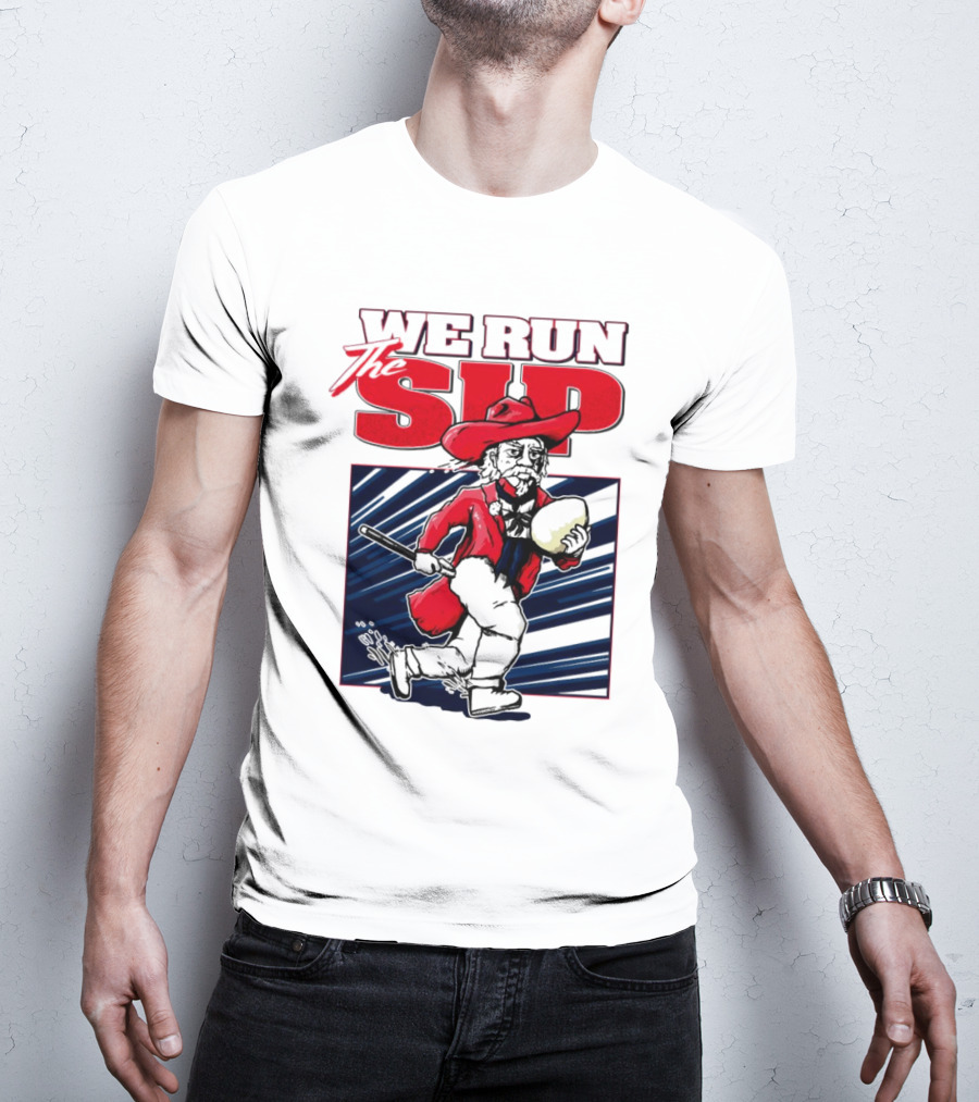 We Run The Sip Ole Miss Rebels Football Mascot Running With Ball T-Shirt