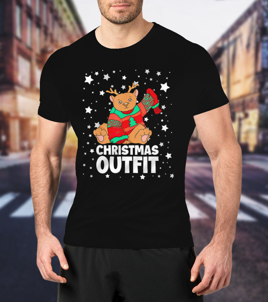 Bear Reindeer Christmas Outfit With Festive Sweater And Stars T-Shirt