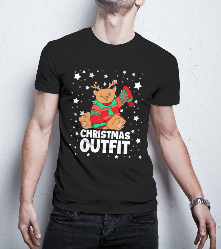 Bear Reindeer Christmas Outfit With Festive Sweater And Stars T-Shirt
