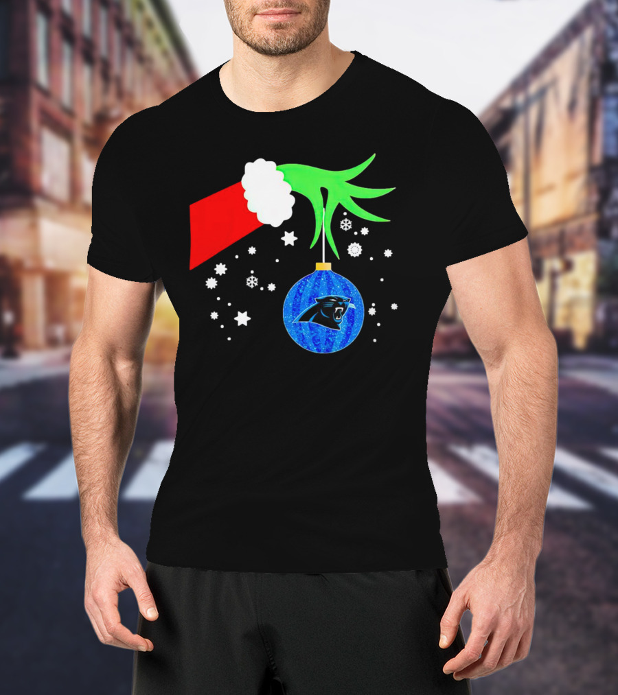 The Grinch Holding Carolina Panthers Christmas Ornament With Snowflakes T-Shirt