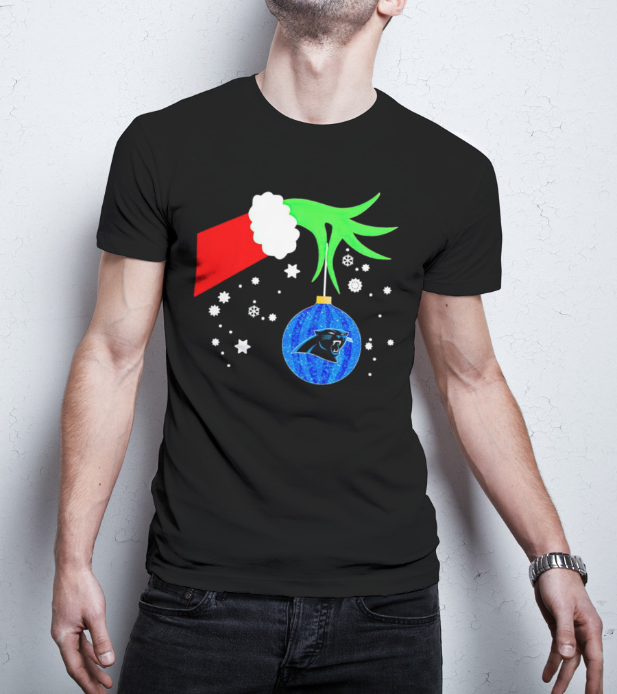 The Grinch Holding Carolina Panthers Christmas Ornament With Snowflakes T-Shirt