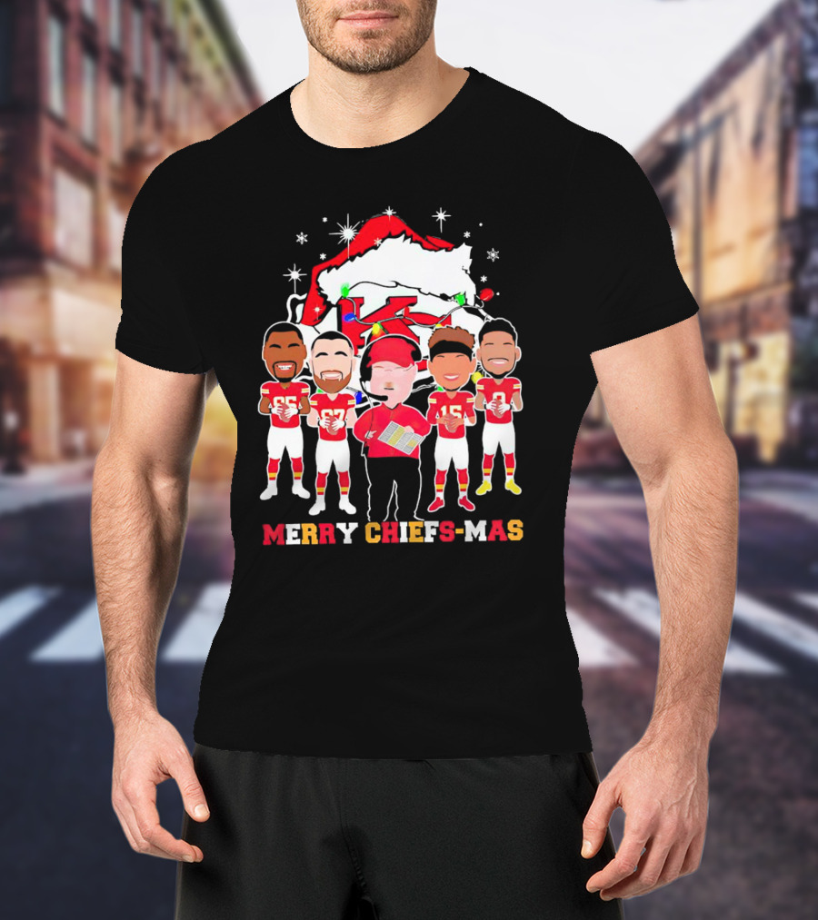 Kansas City Chiefs Merry Chiefs-Mas Christmas NFL Team Festive Cartoon Players And Santa Hat T-Shirt