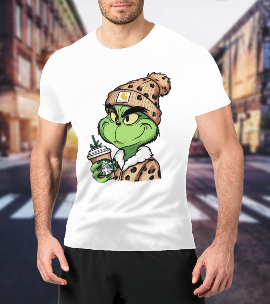 Grinch Boujee Leopard Coffee Cozy Winter T-Shirt