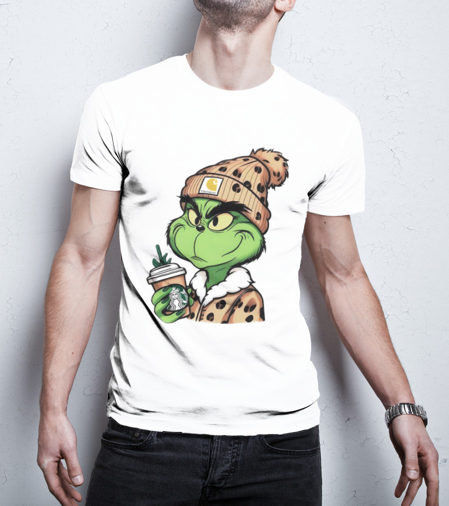 Grinch Boujee Leopard Coffee Cozy Winter T-Shirt
