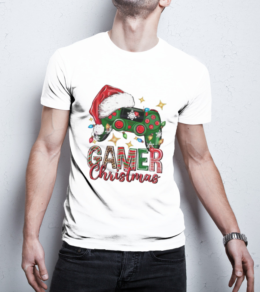 Gamer Christmas Santa Hat Game Controller Holiday Lights T-Shirt