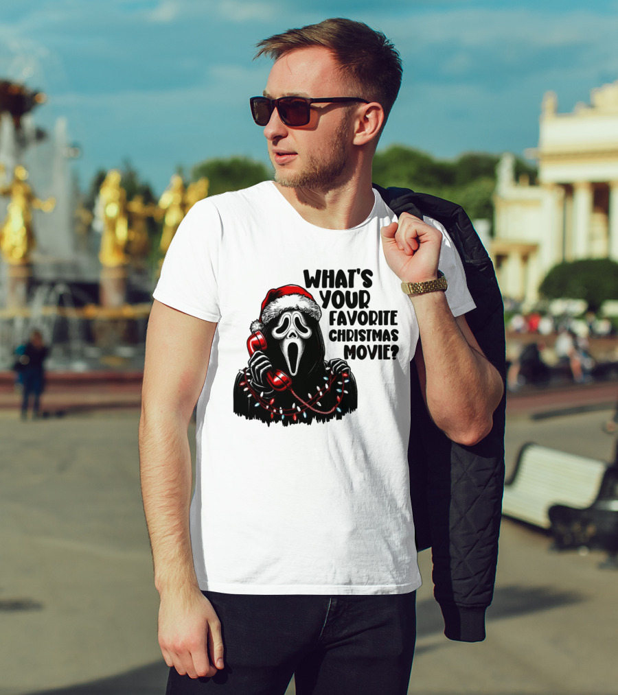Ghostface What's Your Favorite Christmas Movie Festive Horror Santa Hat Phone Lights T-Shirt