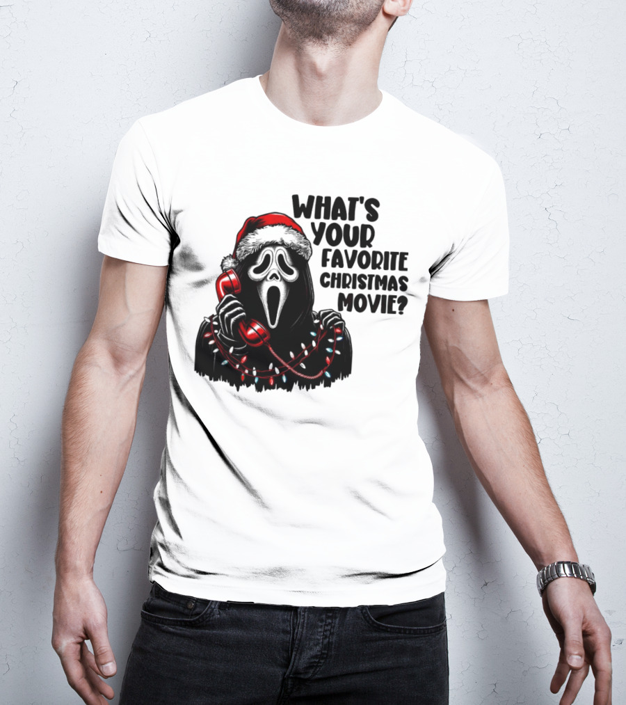 Ghostface What's Your Favorite Christmas Movie Festive Horror Santa Hat Phone Lights T-Shirt