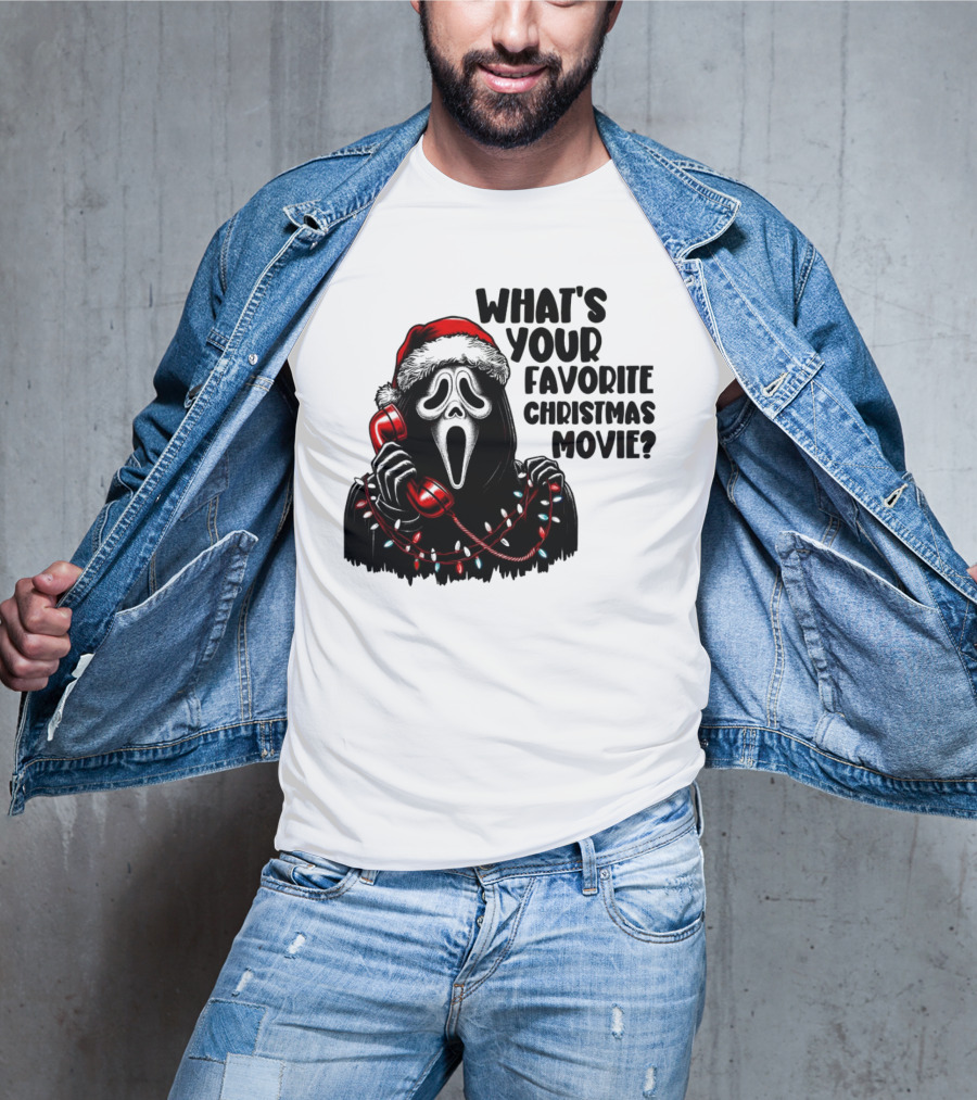 Ghostface What's Your Favorite Christmas Movie Festive Horror Santa Hat Phone Lights T-Shirt